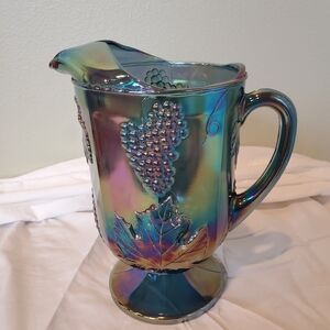 Vintage Indiana Glass blue carnival glass pitcher with grape and leaf pattern